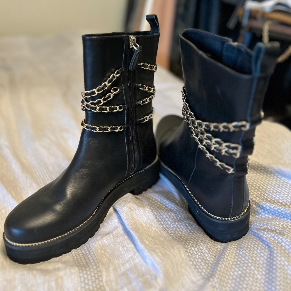 Cecelia New York Black Combat Moto Chain Boot